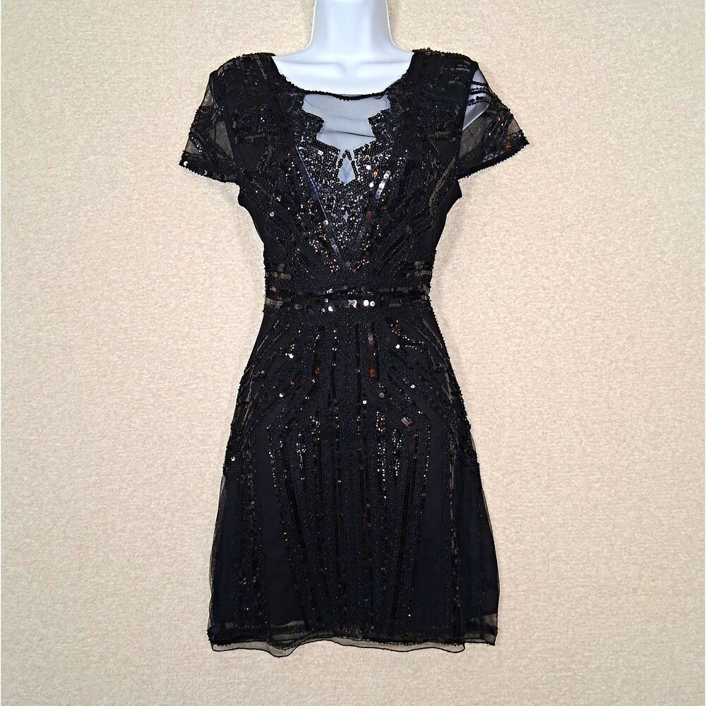 Beaded Sequin Cocktail Mini Dress Sz S Glam Art Deco 20s Event Party Sparkle